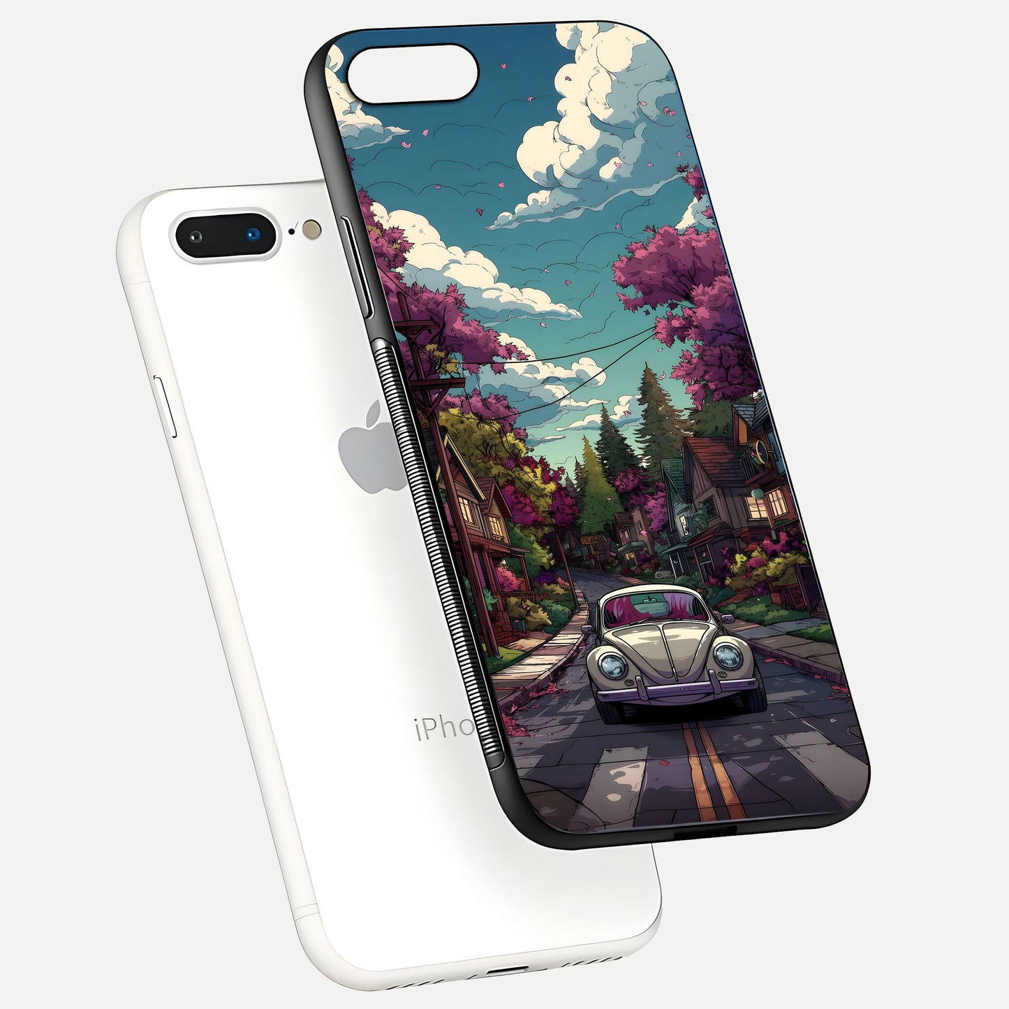 Vintage Street Drive Glass Case for iPhone 8 Plus floating dual-view mockup displaying gloss shine and texture