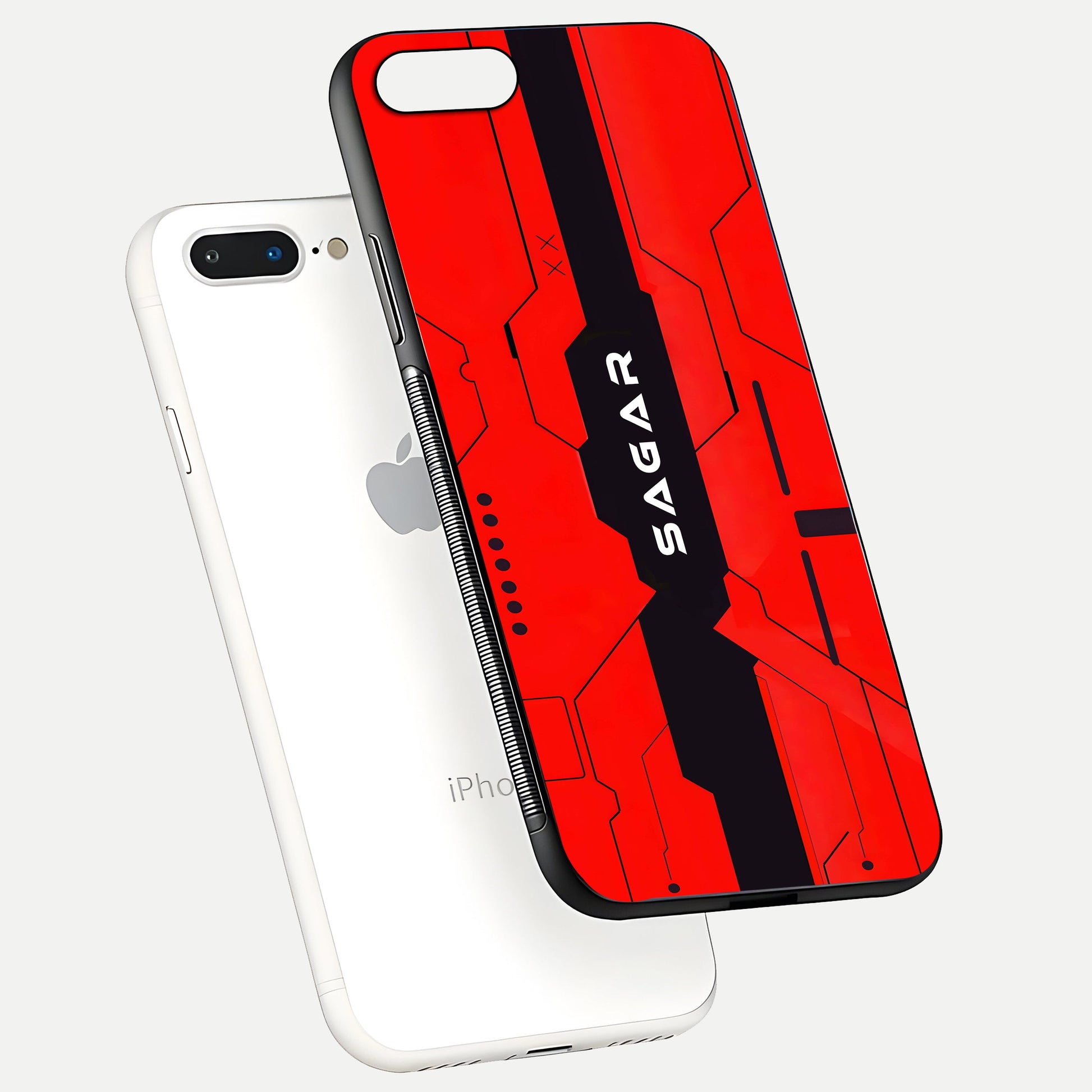 Voltage Rise CYBERPUNK Custom Name Glass Case for iPhone 8 Plus floating dual-view mockup displaying gloss shine and lighting