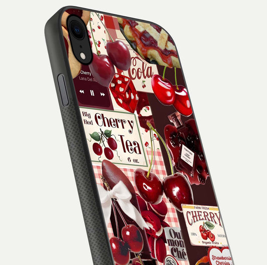 Aesthetic Cherry Tea Glass Case for iPhone X close-up angled shot showing detailed cherry artwork, red tones, and gloss reflection