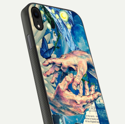 Aesthetic Divider Glass Case for iPhone X close-up angled shot showing detailed divider artwork and gloss reflection