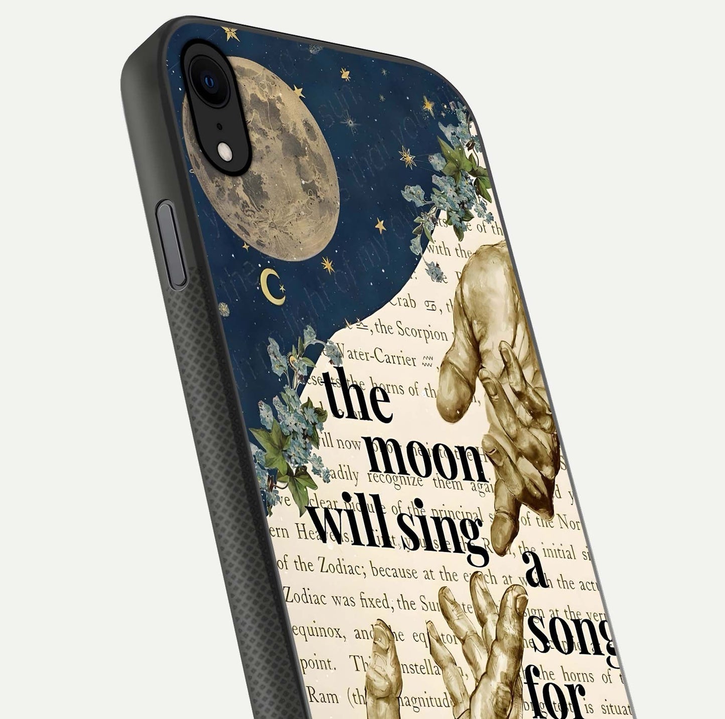 Aesthetic Divine Glass Case for iPhone 16 Pro close-up angled shot showing detailed divine artwork and gloss reflection