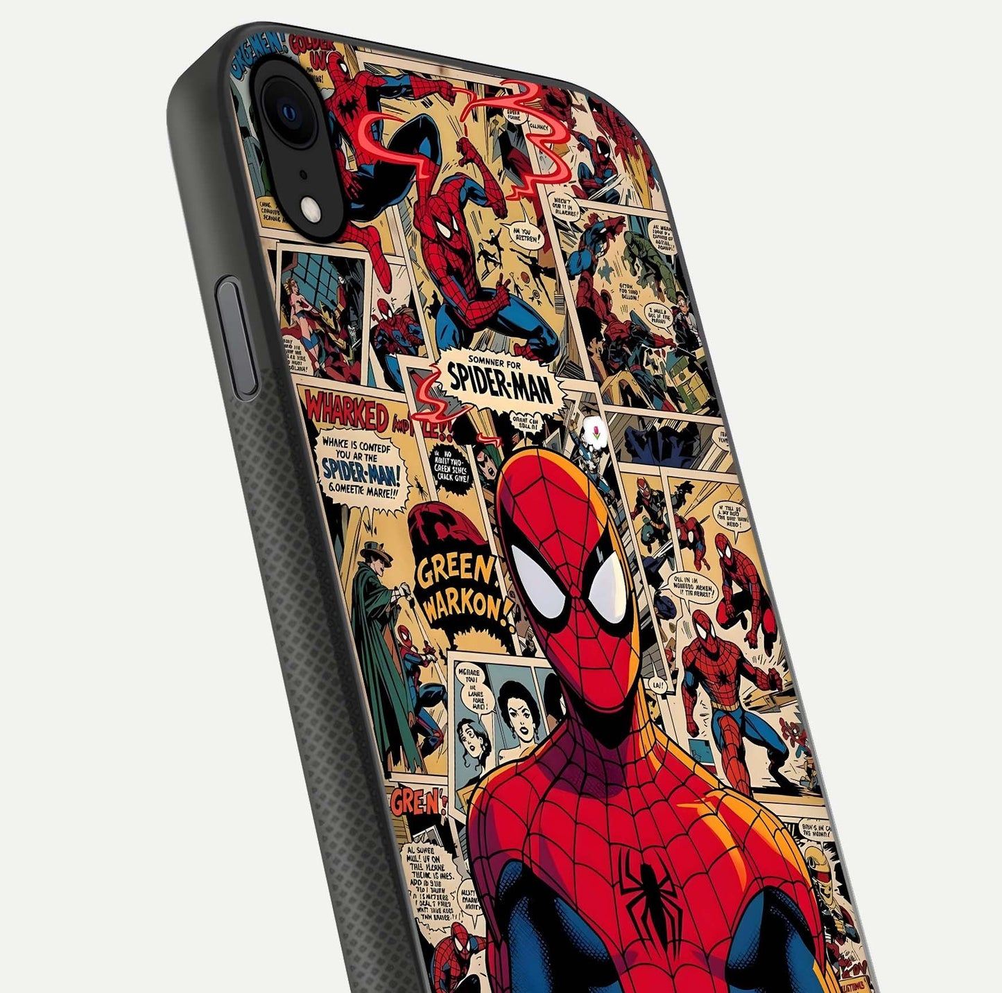 Aesthetic Spider Man Glass Case for iPhone 16 Pro close-up angled shot showing detailed Spider-Man artwork and gloss reflection