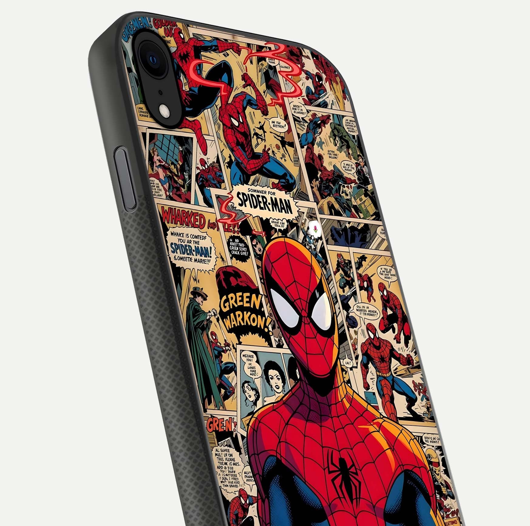 Aesthetic Spider Man Glass Case for iPhone 16 Pro close-up angled shot showing detailed Spider-Man artwork and gloss reflection