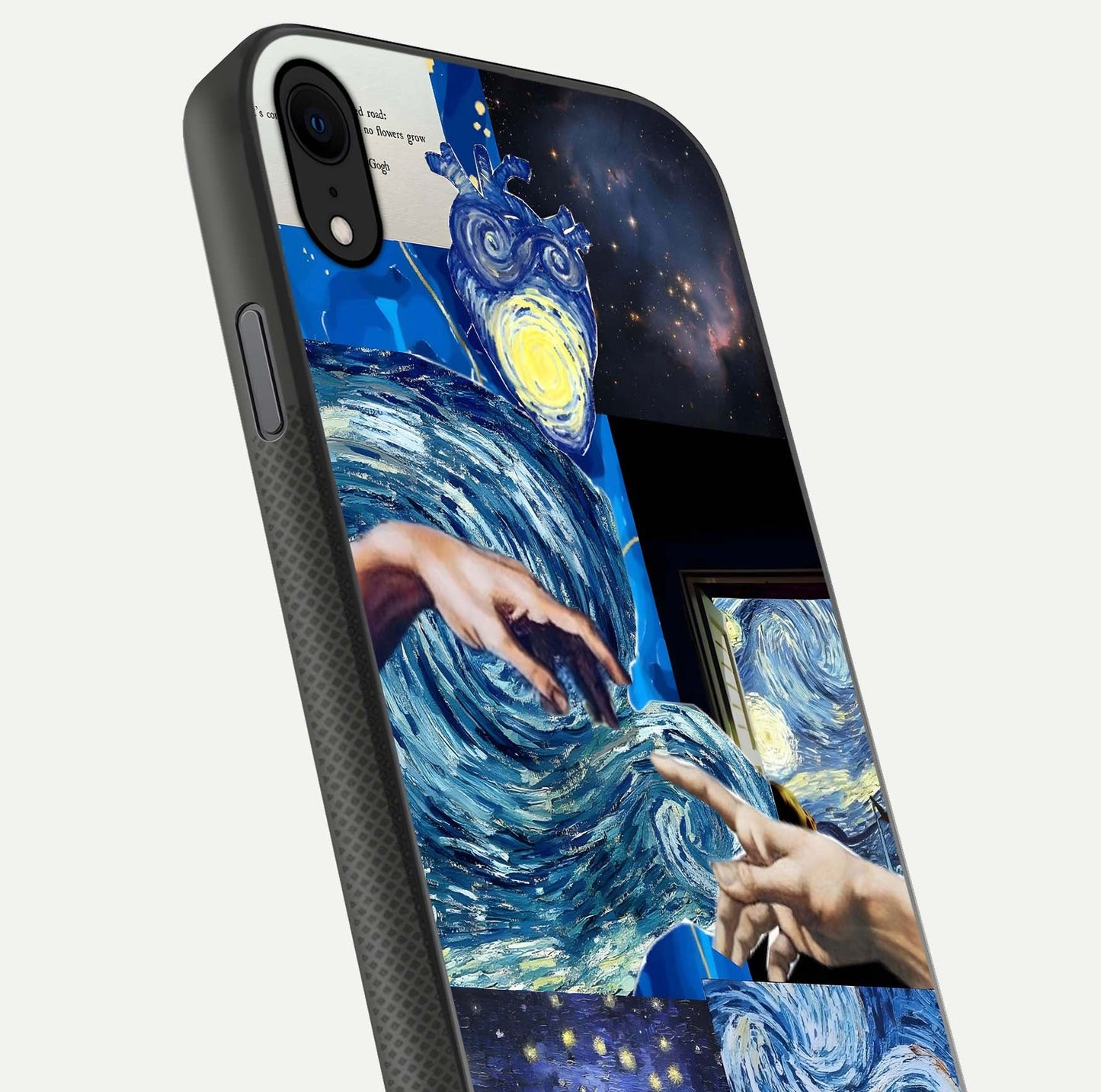 Aesthetic Vando Hands Glass Case for iPhone 16 Pro close-up angle showing fine detailing of hand artwork and glass reflection