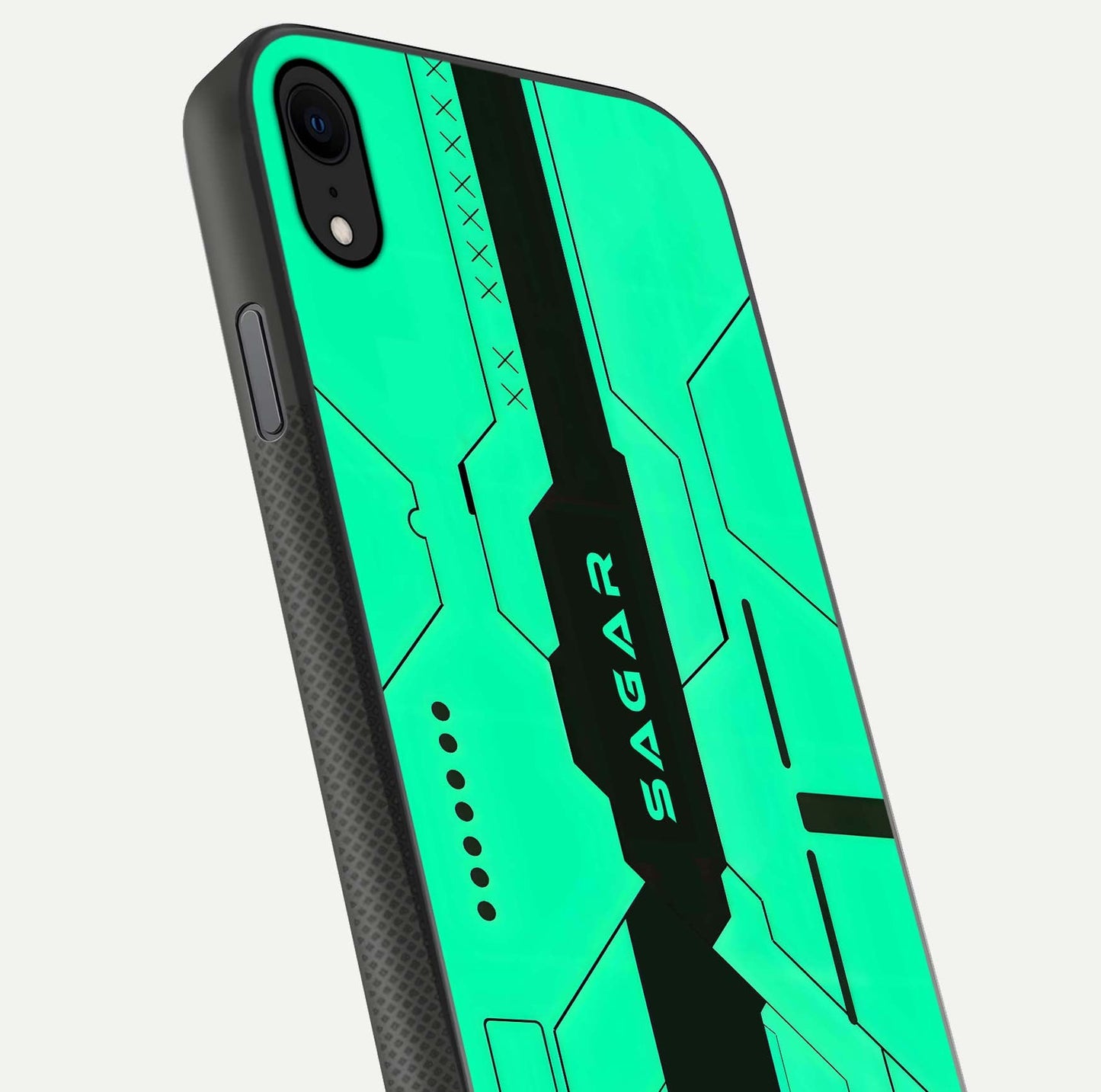 Aqua Tech CYBERPUNK Custom Name Glass Case for iPhone 16 Pro close-up angle showing futuristic blue lights and reflections