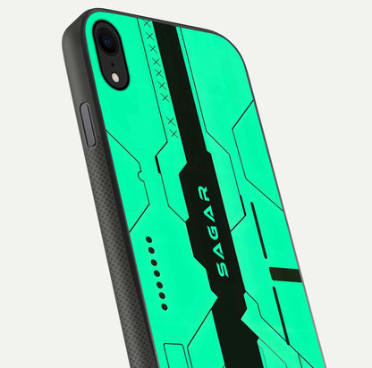 Aqua Tech CYBERPUNK Custom Name Glass Case for iPhone 16 Pro close-up angle showing futuristic blue lights and reflections