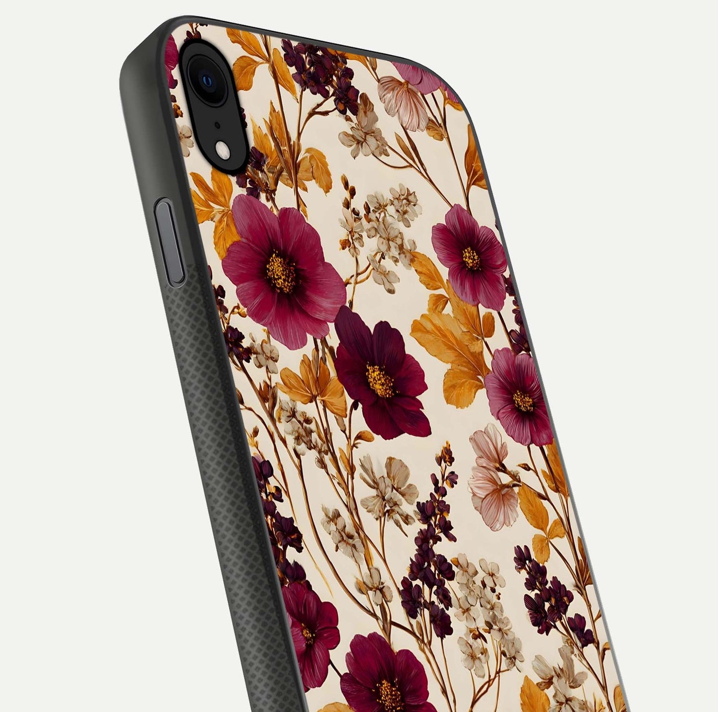 Autumn Wine Bloom Glass Case for iPhone X close-up highlighting petal detail and gloss reflection