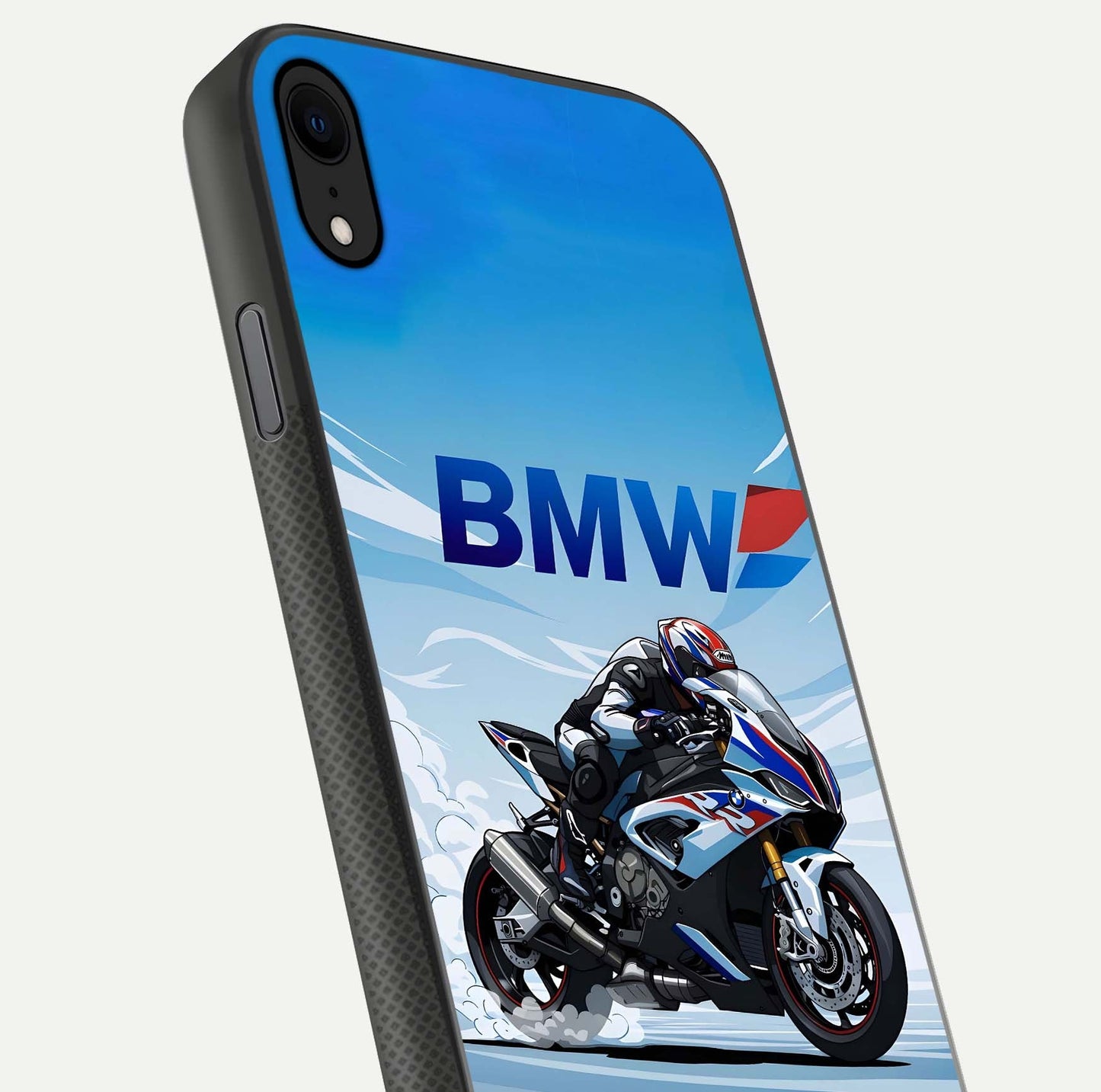 BMW Power Drift Glass Case for iPhone X close-up view highlighting motion streaks and gloss shine