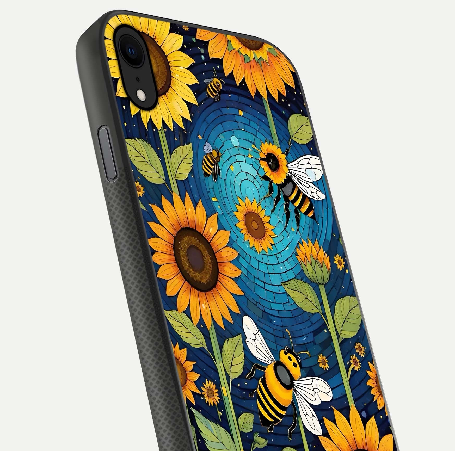 Bees & Sunflowers Glass Case for iPhone 16 Pro close-up angled shot showing detailed petals, bee prints, and glass reflection
