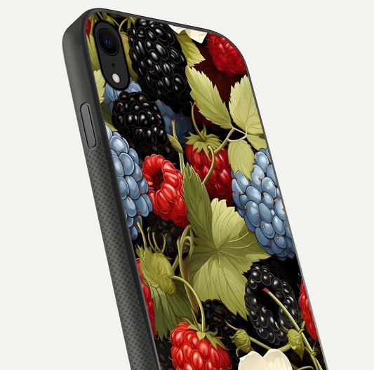 Berry Bloom Charm Glass Case for iPhone X close-up view highlighting berry color tones and fine petal detailing