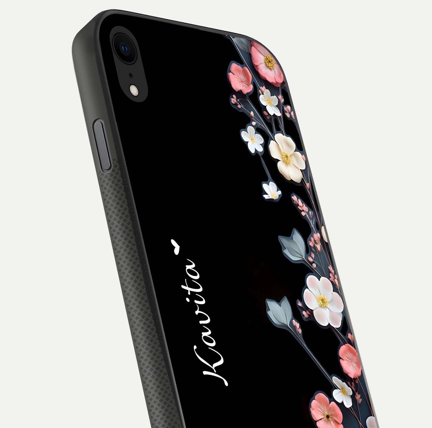 Black Elegance Floral Custom Name Glass Case for iPhone X close-up shot showing rose detailing and elegant reflection