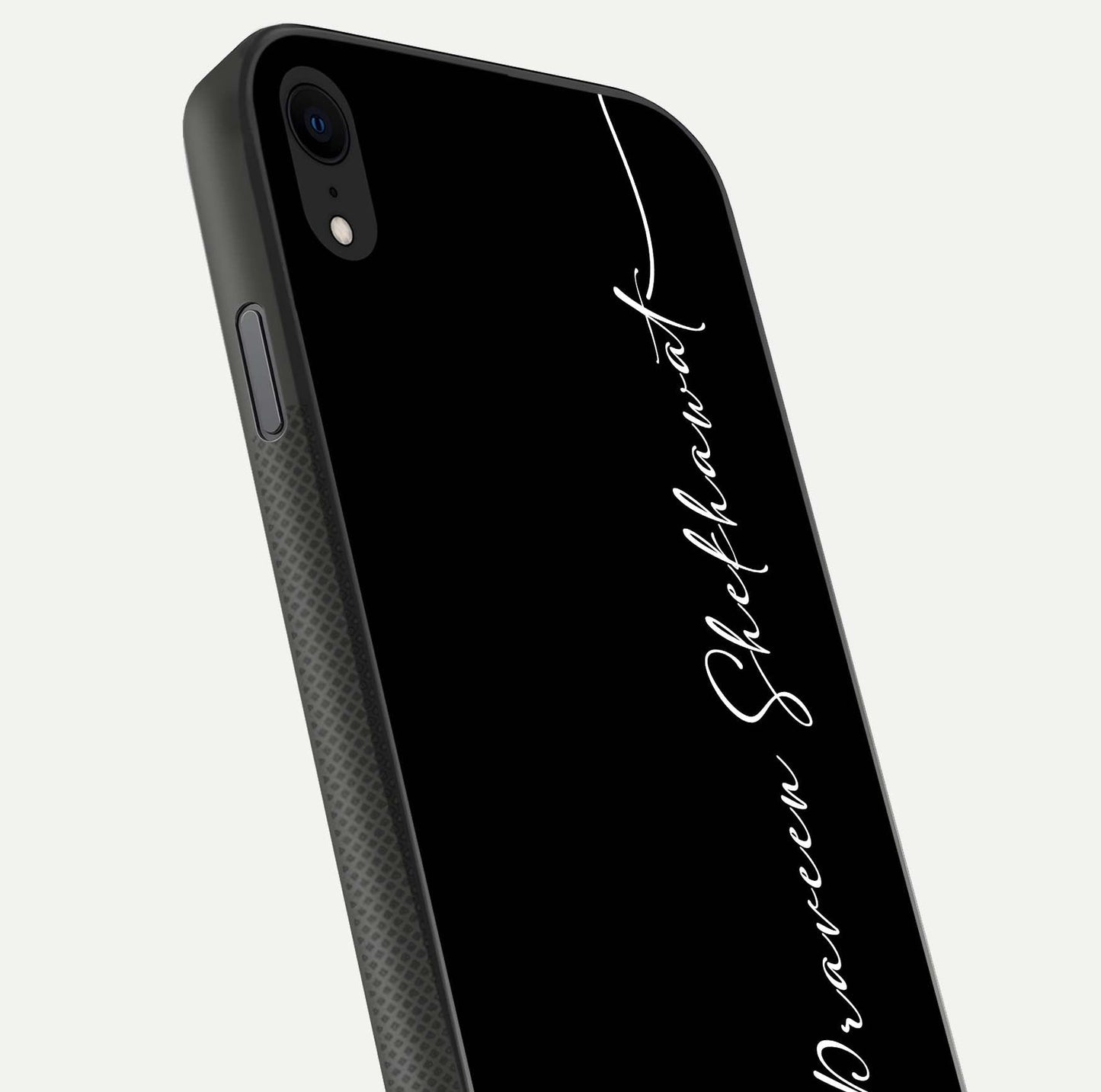 Black Tune Custom Name Glass Case for iPhone X close-up shot highlighting sleek monochrome design and reflection