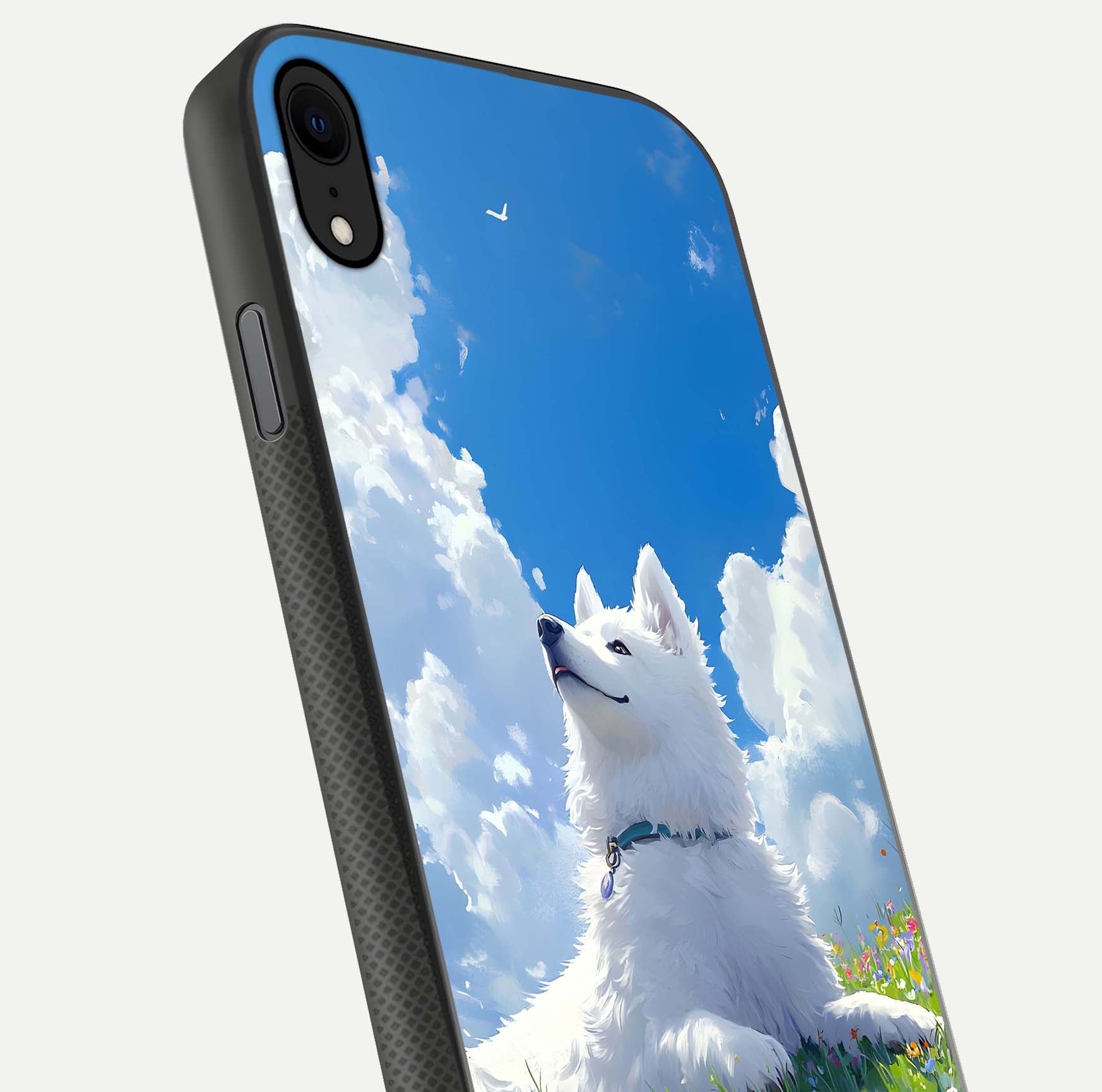 Blissful Cloud Pup Glass Case for iPhone X close-up image highlighting puppy details and glossy reflection