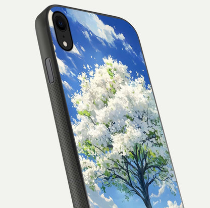 Blossom Sky Serenity Glass Case for iPhone X close-up highlighting calming flower details and reflection gloss