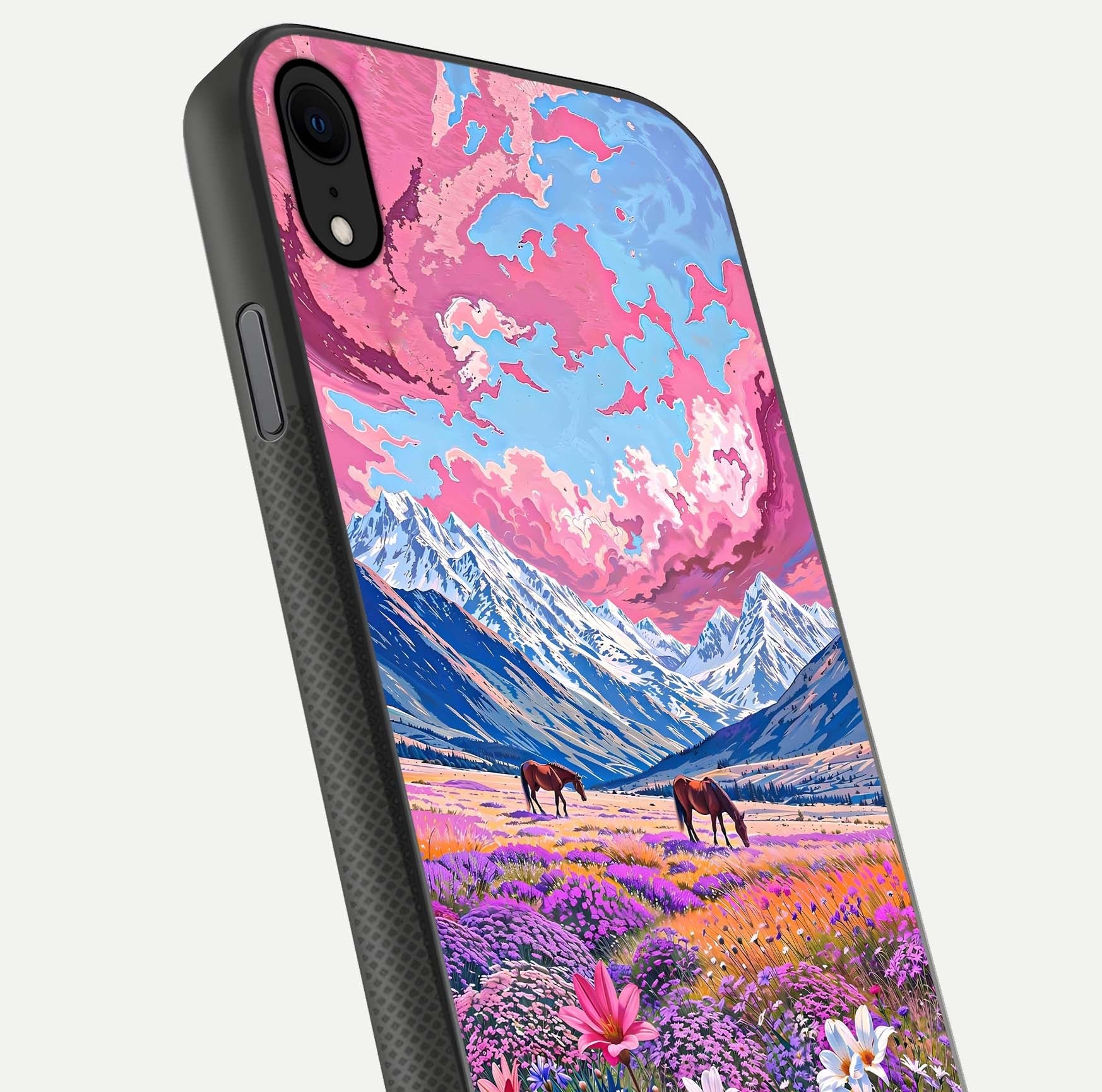 Blossom Valley Dream Glass Case for iPhone X close-up view showing detailed flower print and pastel hues