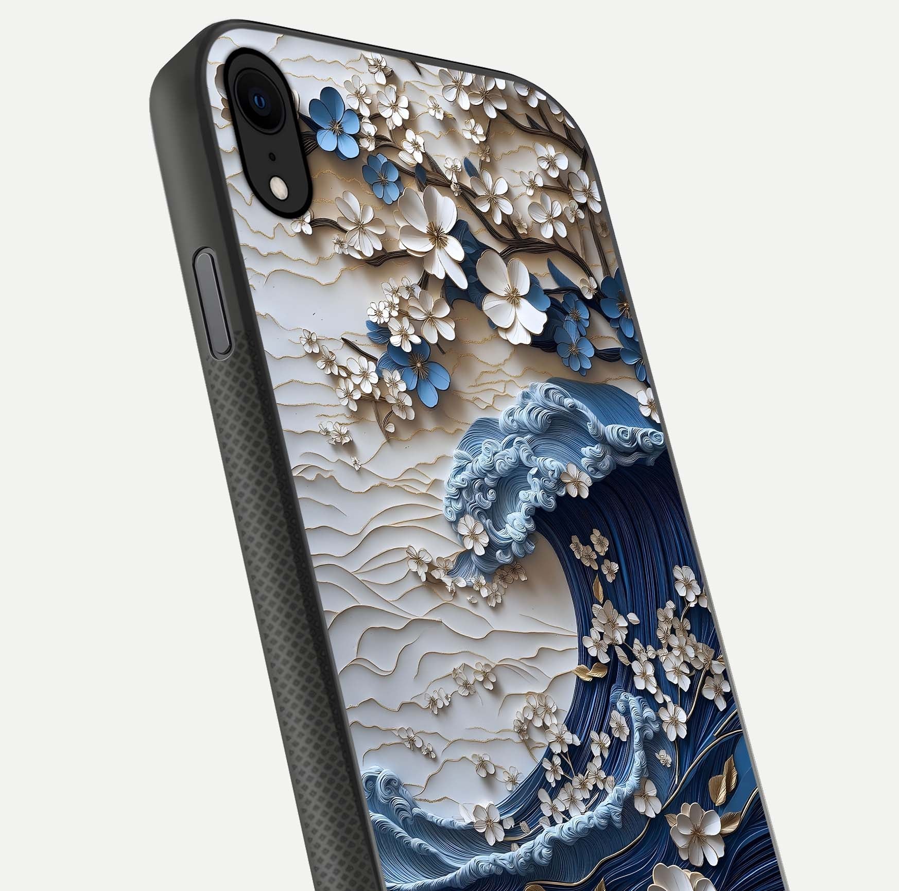 Blossom Wave Art Glass Case for iPhone X close-up shot highlighting wave motion in floral art and reflection