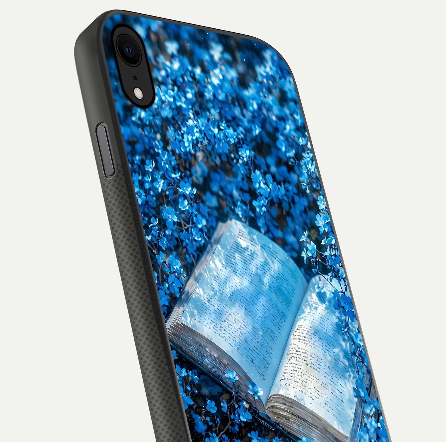 Blue Bloom Tales Glass Case for iPhone X close-up angle showing petal texture and blue tone reflection