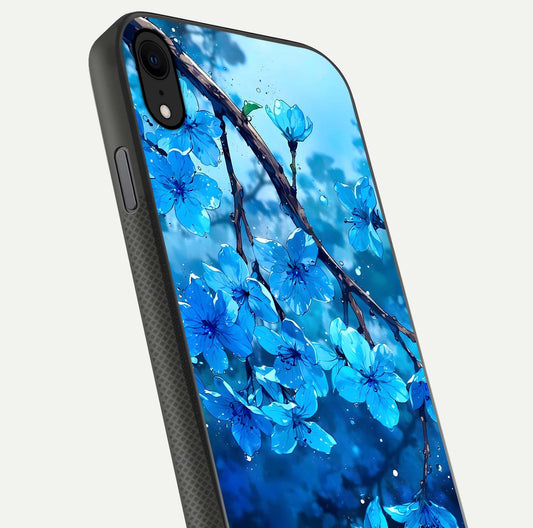 Blue Blossoms Branch Glass Case for iPhone X close-up angle highlighting petal details and reflection gloss