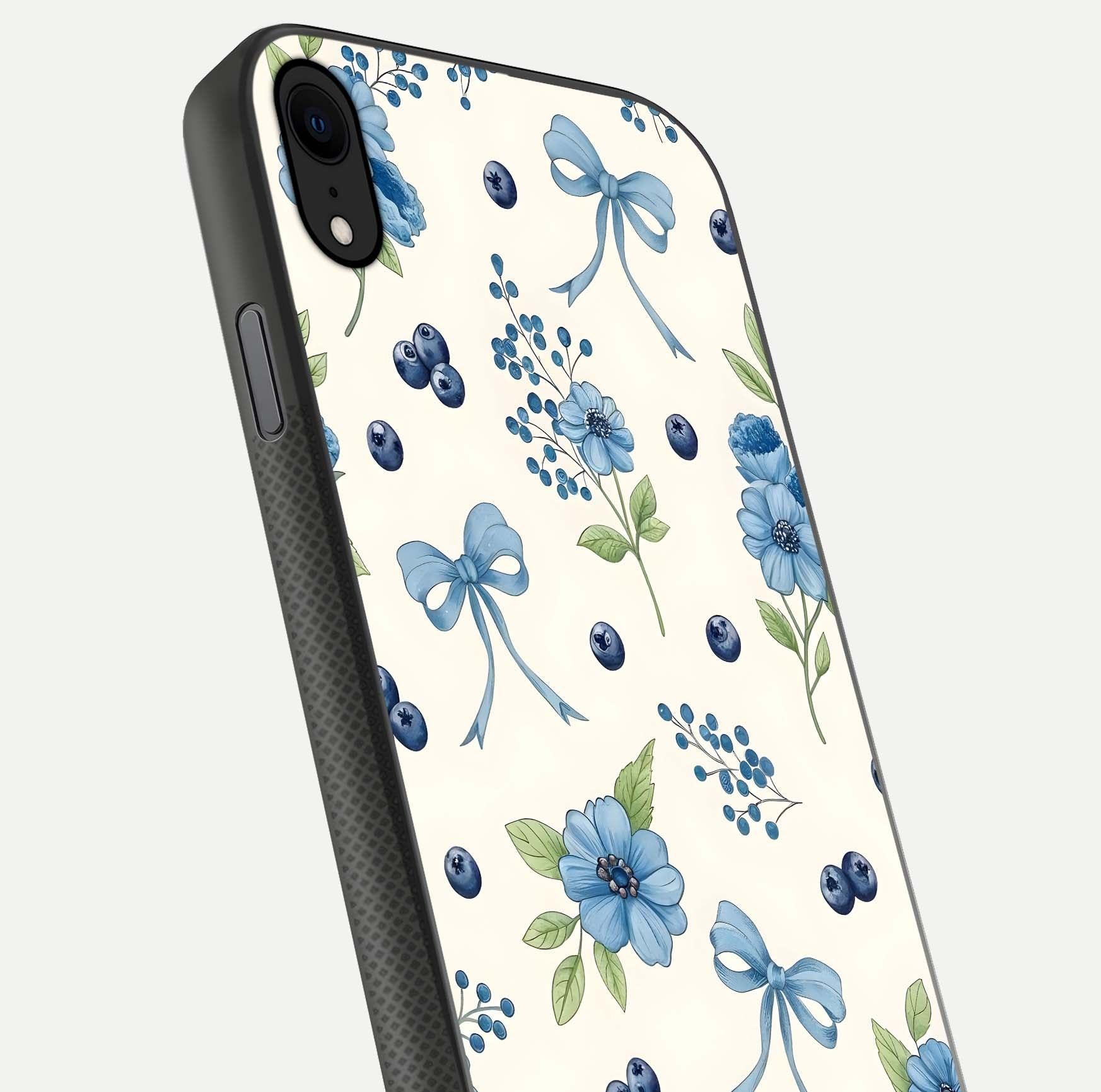 Blue Flower & Bow Glass Case for iPhone X close-up shot highlighting ribbon detail and flower gloss finish