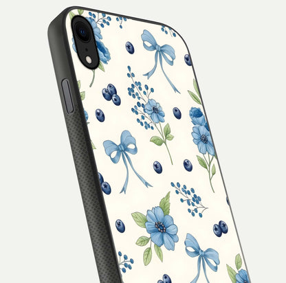 Blue Flower & Bow Glass Case for iPhone X close-up shot highlighting ribbon detail and flower gloss finish