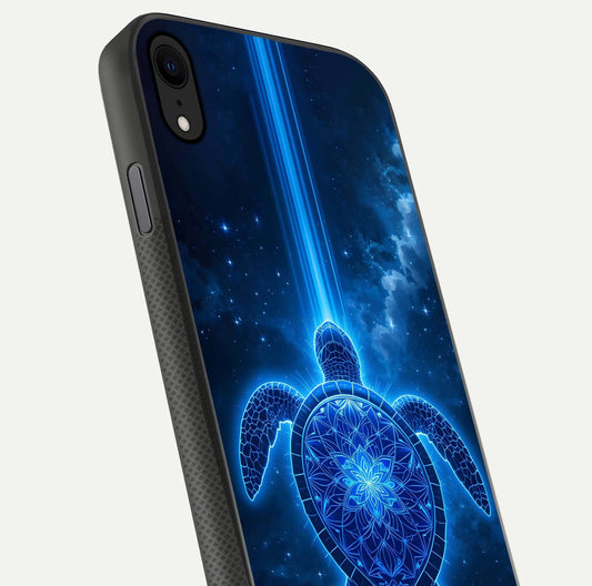 Blue Galaxy Turtle Glass Case for iPhone X close-up image showing turtle shell detail and glowing galaxy tones