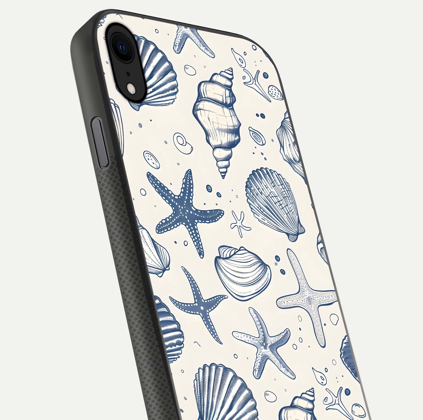 Blue Ocean Outline Glass Case for iPhone X close-up shot highlighting line art details and reflection texture