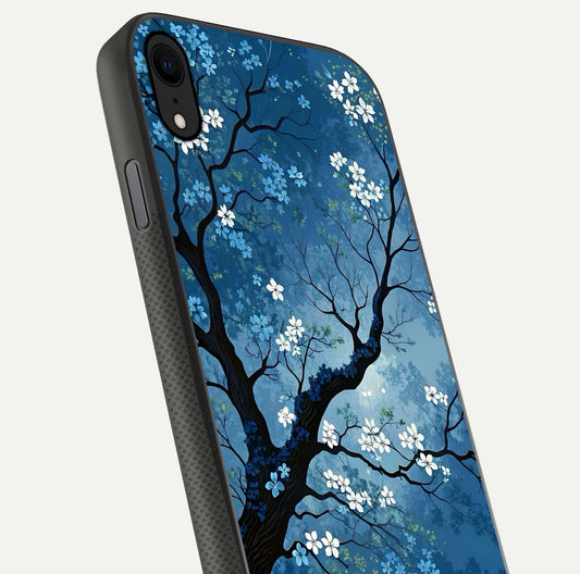 Blue Tree Serenity Glass Case for iPhone X close-up view highlighting tree branches and reflection gloss