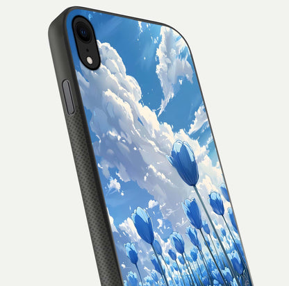 Blue Tulip Clouds Glass Case for iPhone X close-up image highlighting tulip petals, clouds, and reflection texture