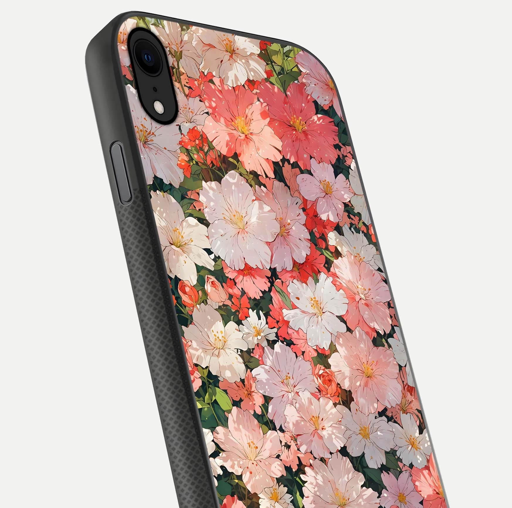 Blush Bloom Field Glass Case for iPhone X close-up shot capturing pastel flower field tones and gloss shine