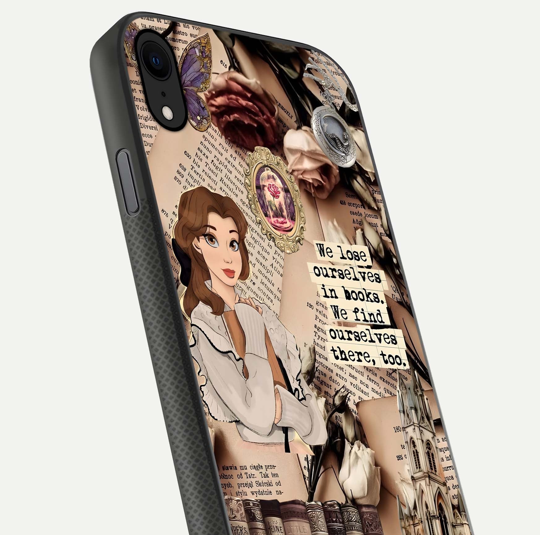 Bookish Dream World Glass Case for iPhone X close-up shot highlighting book elements and reflection gloss