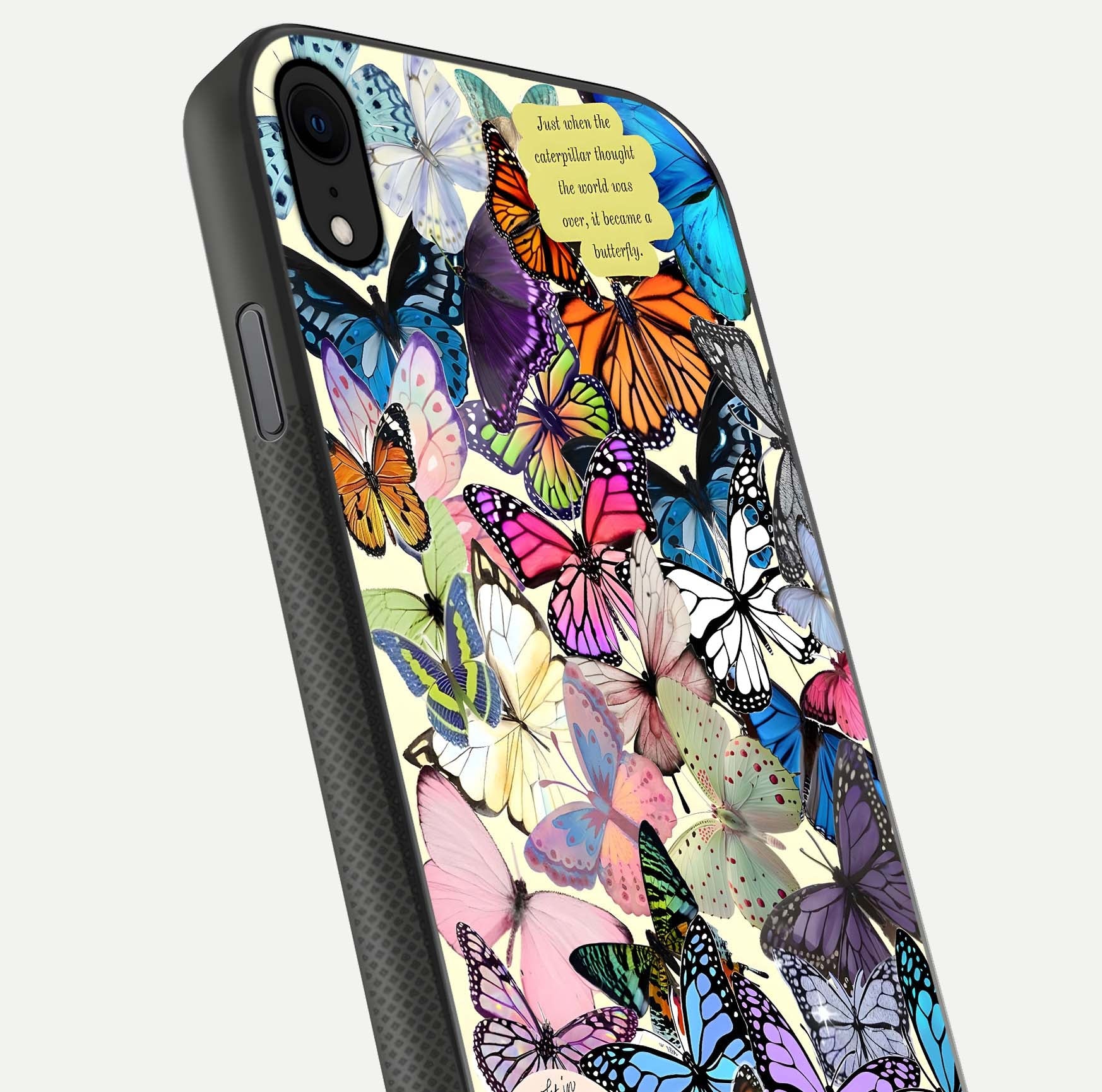 Butterflies Petal Dream Glass Case for iPhone X close-up highlighting butterfly wings and pink petal gloss