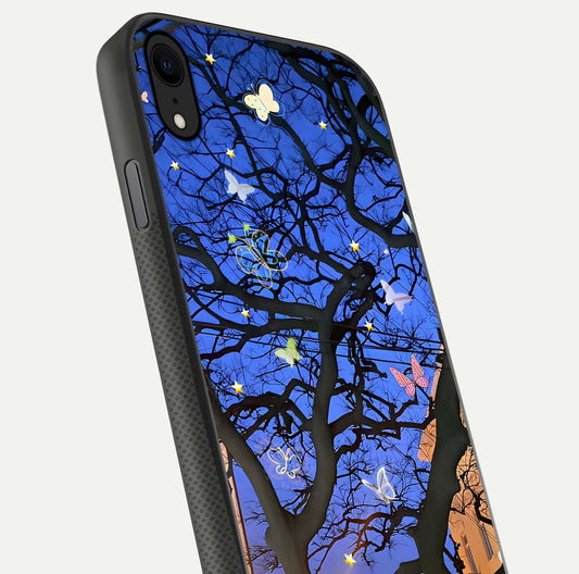 Butterfly Night Magic Glass Case for iPhone X close-up highlighting wings reflection and gloss shimmer
