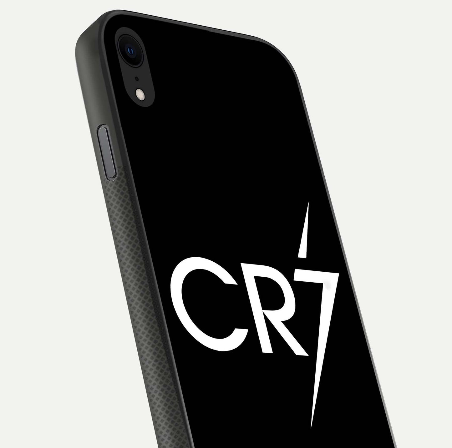 CR7 Elite Strike Glass Case for iPhone X close-up highlighting CR7 artwork and shine reflection
