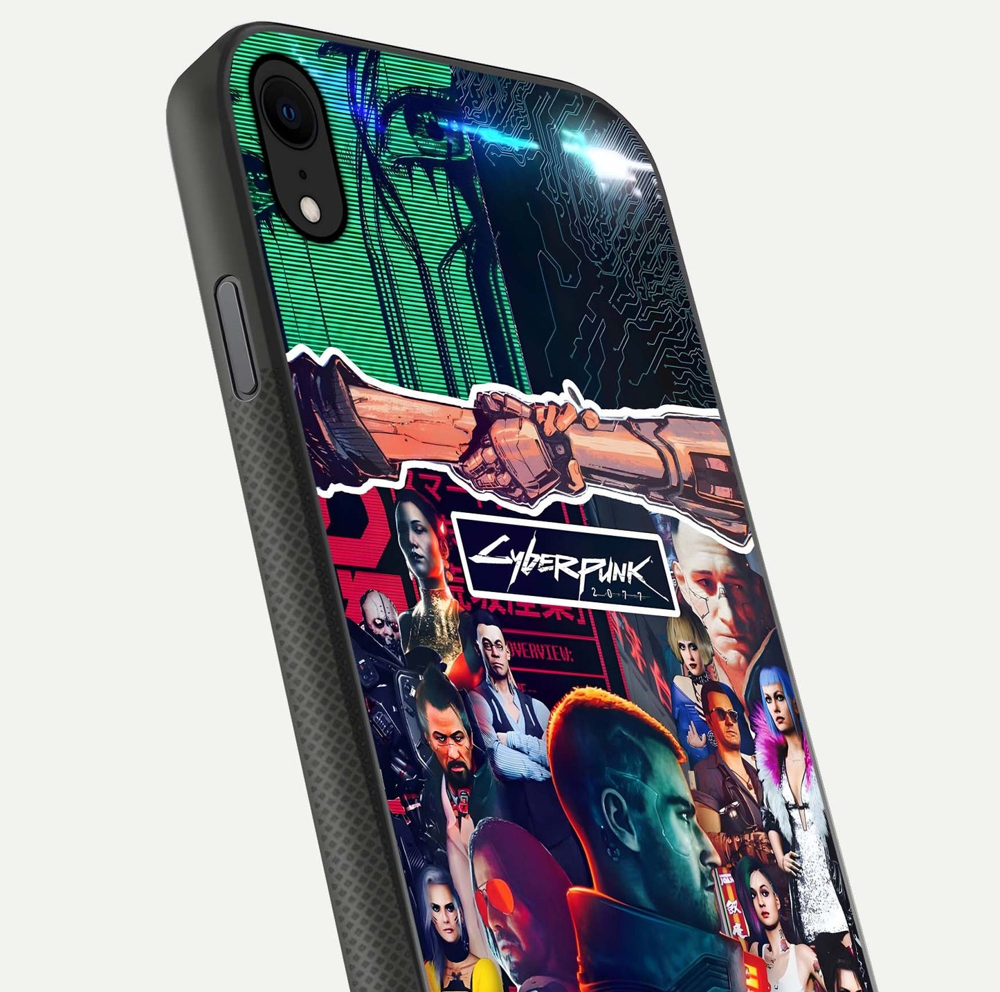 CYBERPUNK Legacy Glass Case for iPhone X close-up highlighting circuit texture and reflection tone
