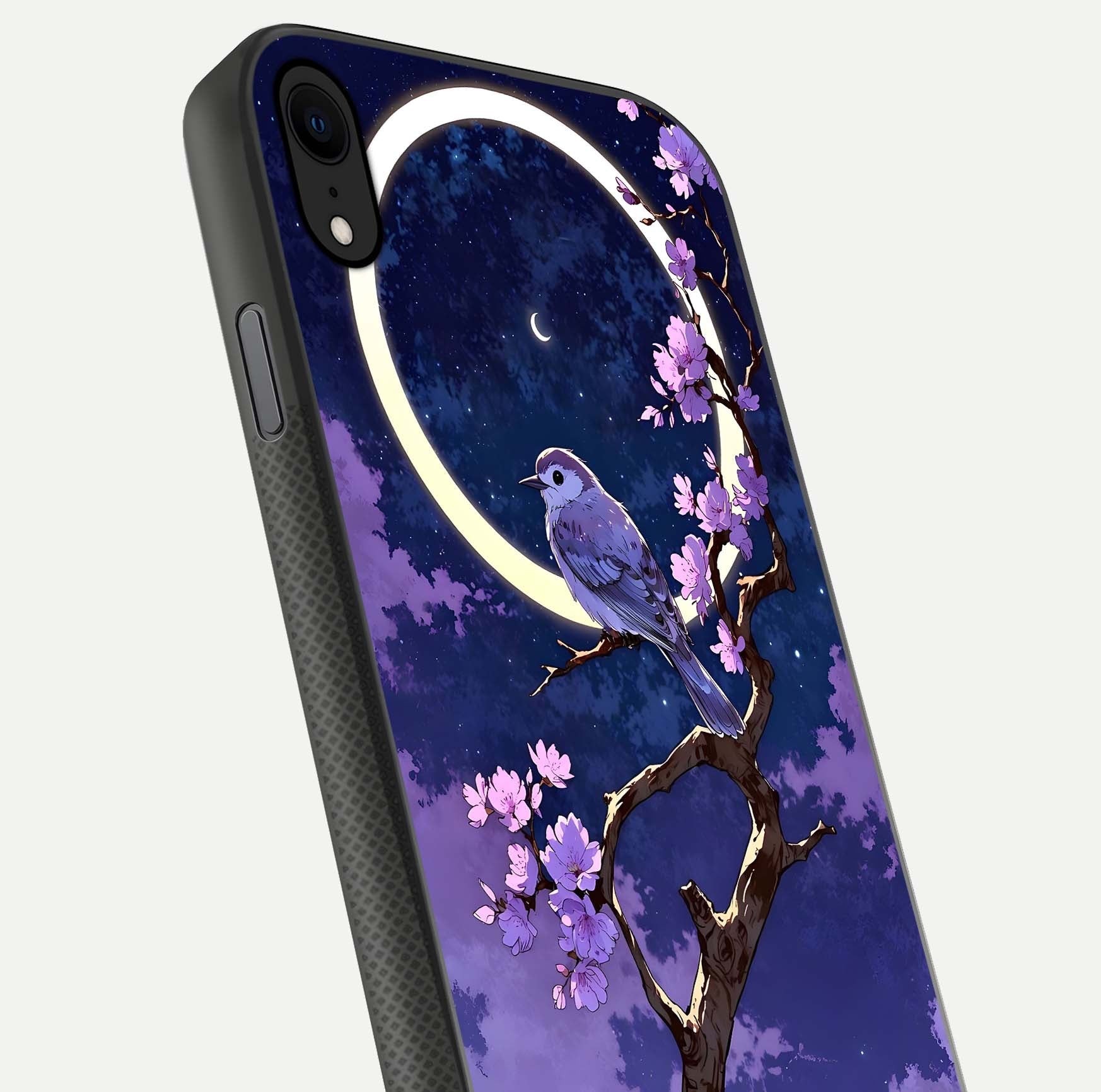 Celestial Bird Blossom Glass Case for iPhone X close-up capturing bird detail, petal reflection, and gloss shine