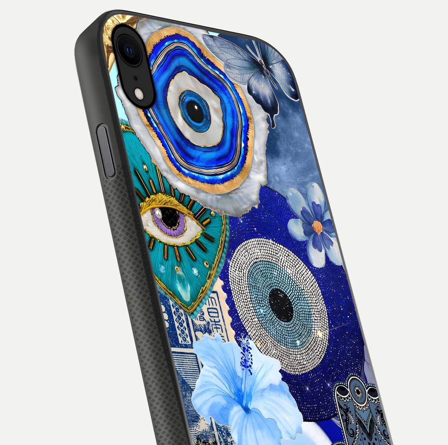 Celestial Blue Vision Glass Case for iPhone X close-up shot highlighting reflection details and smooth edge polish