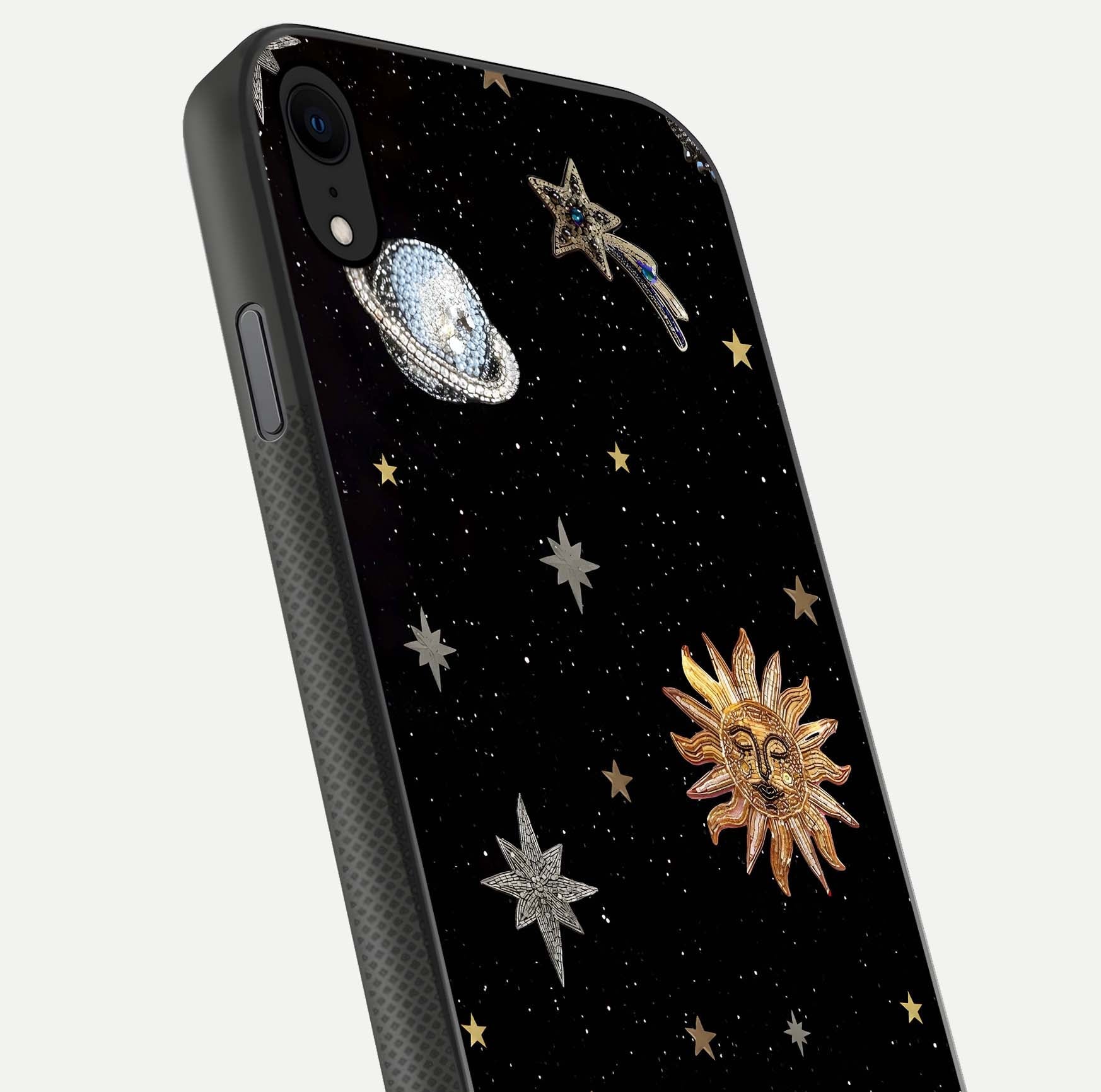 Celestial Moon With Stars Glass Case for iPhone X close-up showing cosmic reflection and HD shine