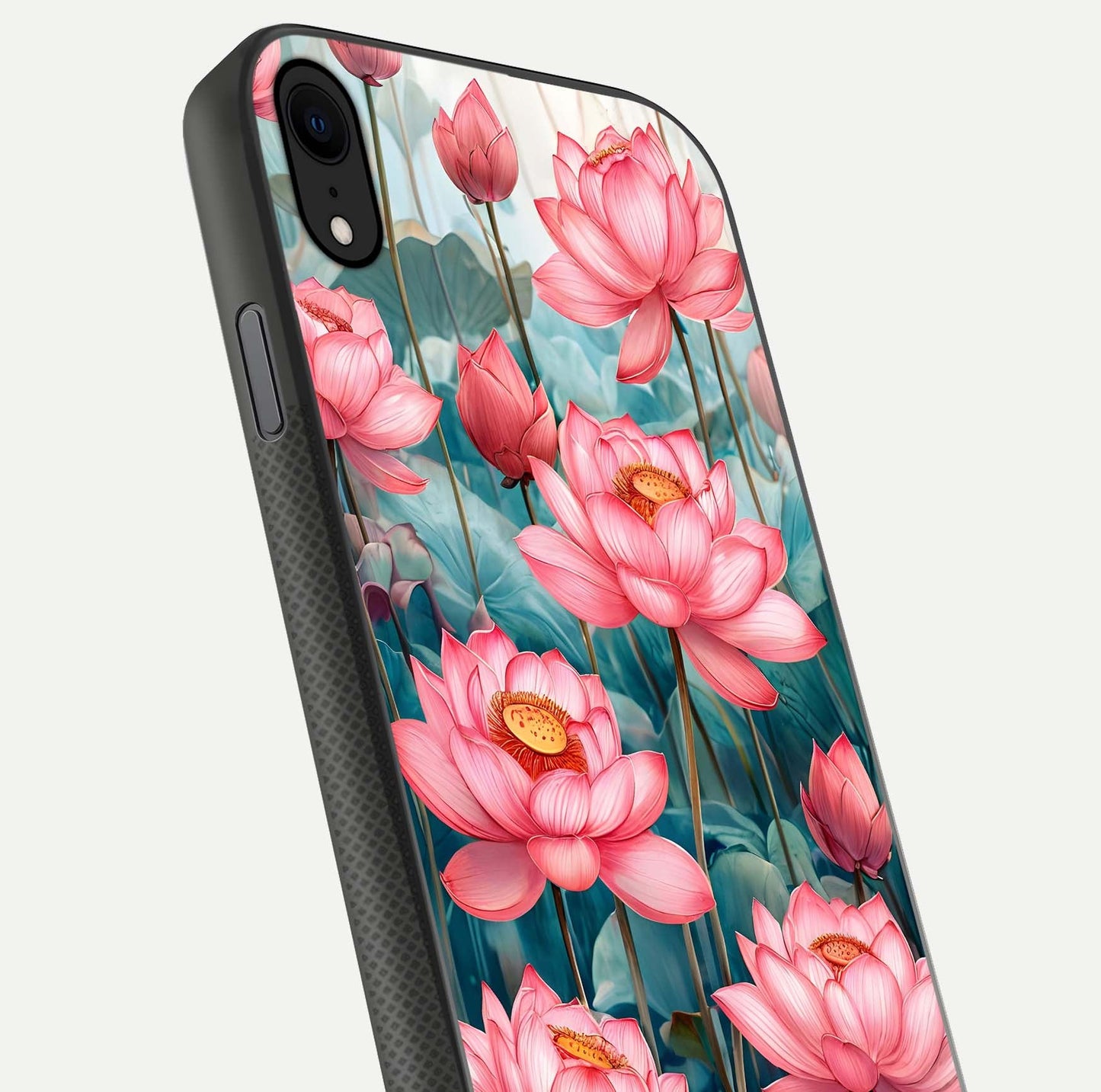 Celestial Pink Lotus Glass Case for iPhone X close-up highlighting petal detail and HD glass reflection