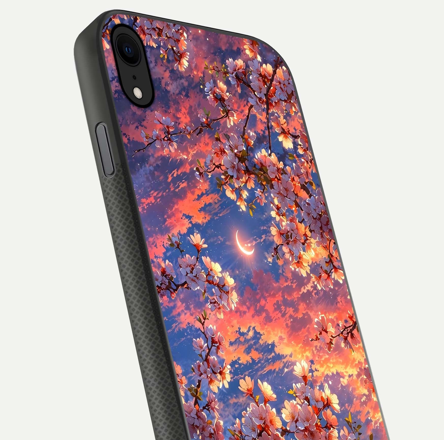 Celestial Sakura Sunset Glass Case for iPhone X close-up image highlighting blossom petals and gloss shine