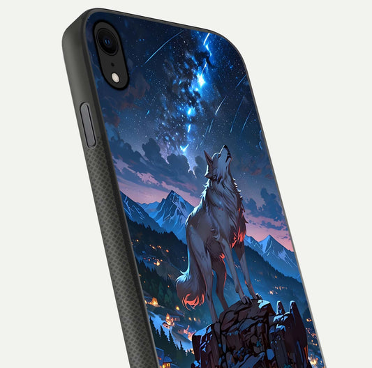 Celestial Wolf Howl Glass Case for iPhone X close-up showing wolf silhouette and glowing moon reflection