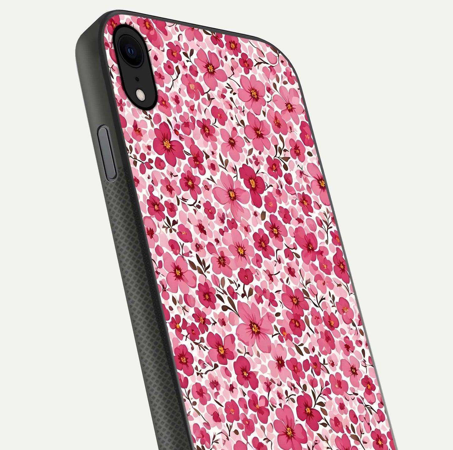 Cherry Blossom Charm Glass Case for iPhone X close-up highlighting petal gradient and reflection shine