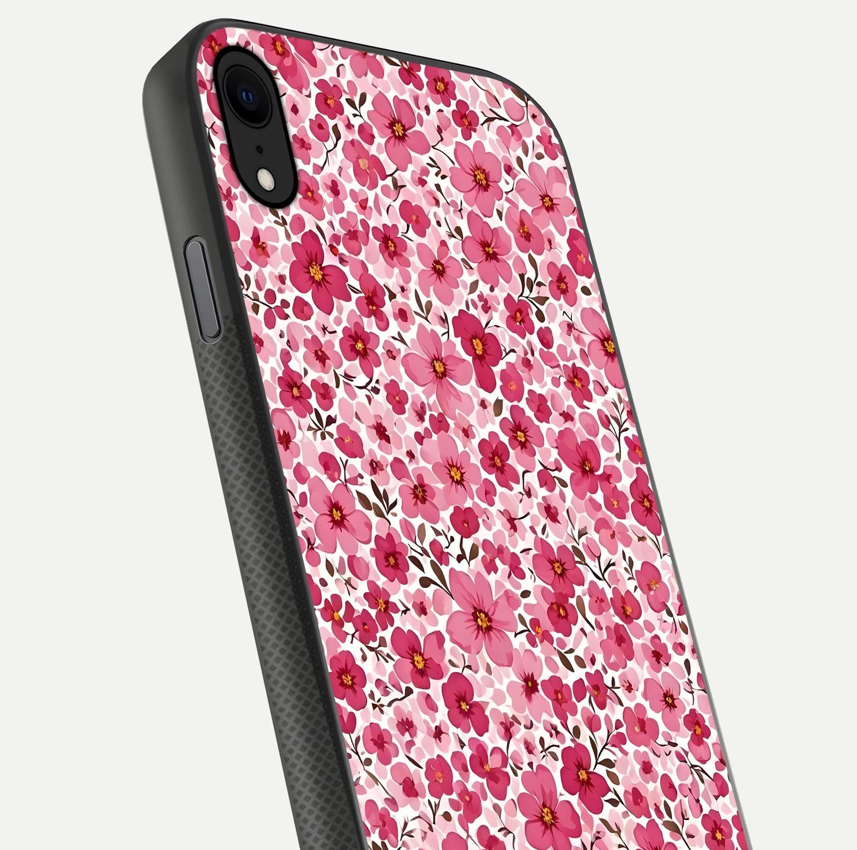 Cherry Blossom Charm Glass Case for iPhone X close-up highlighting petal gradient and reflection shine