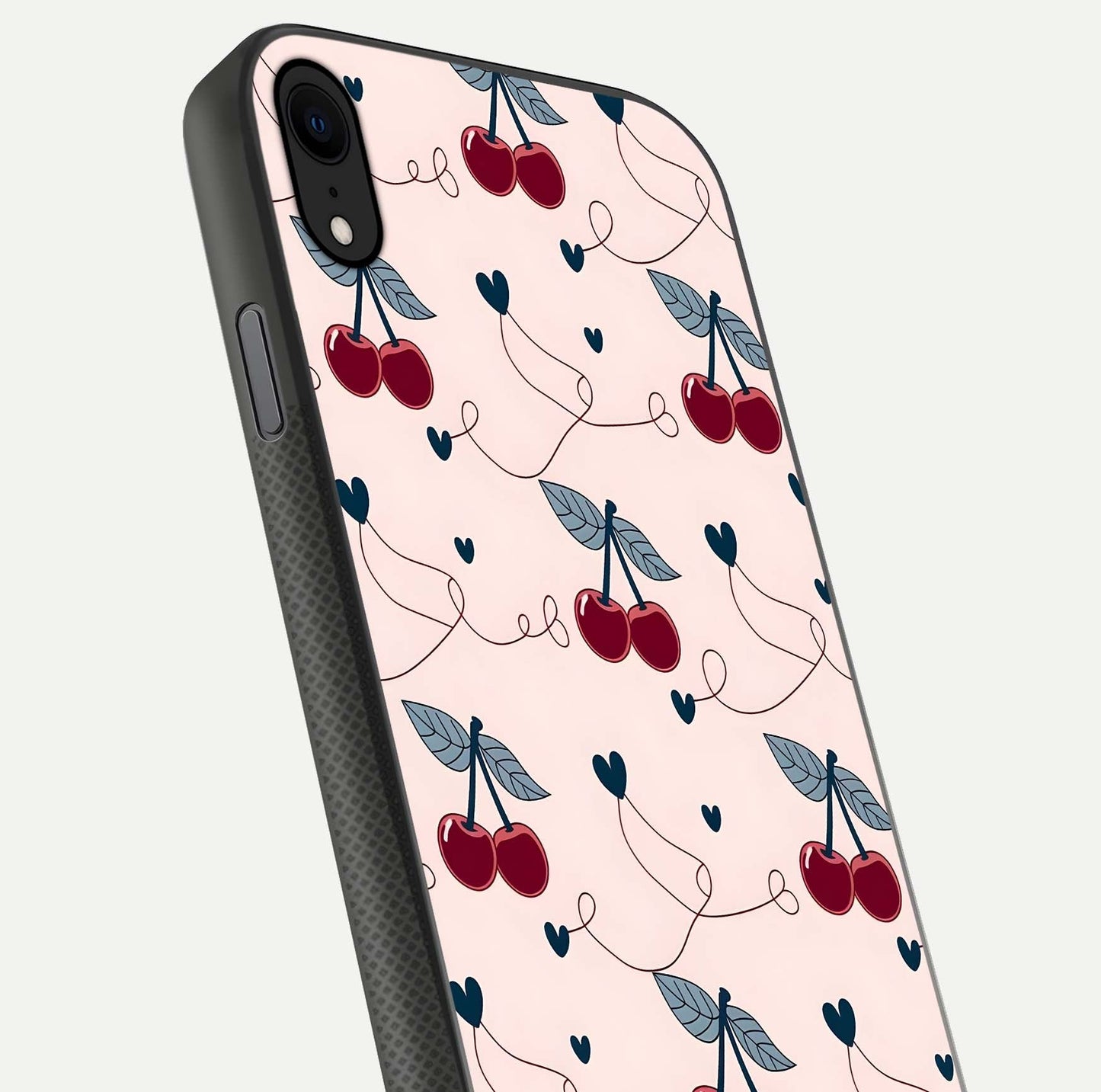 Cherry Heart Line Glass Case for iPhone X close-up showing heart outline and HD reflection gloss