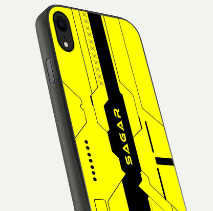Circuit CYBERPUNK Custom Name Glass Case for iPhone X close-up highlighting neon lines, futuristic tones, and gloss reflection