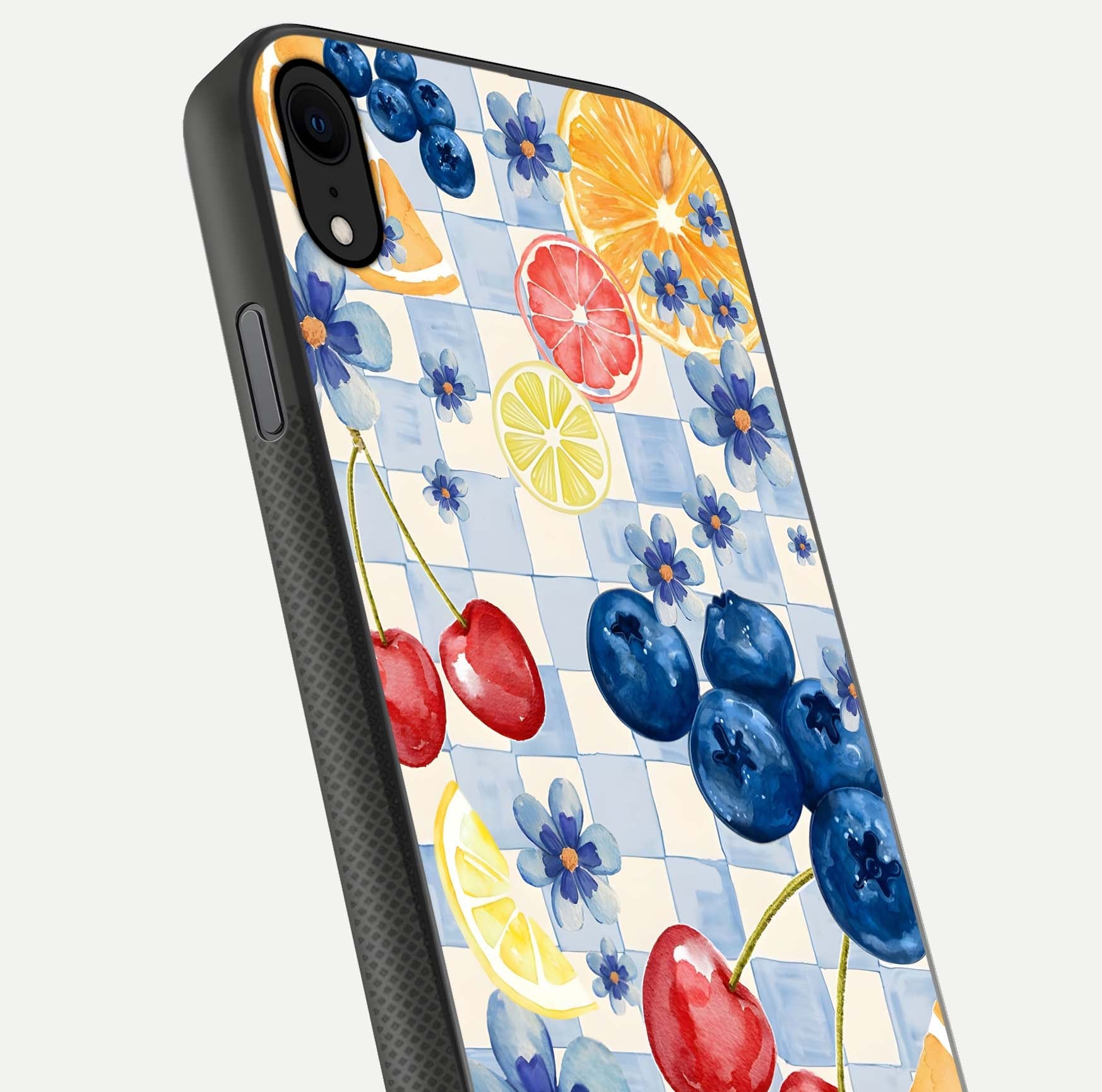 Citrus Bloom Joy Glass Case for iPhone X close-up highlighting orange blossoms and reflection detail