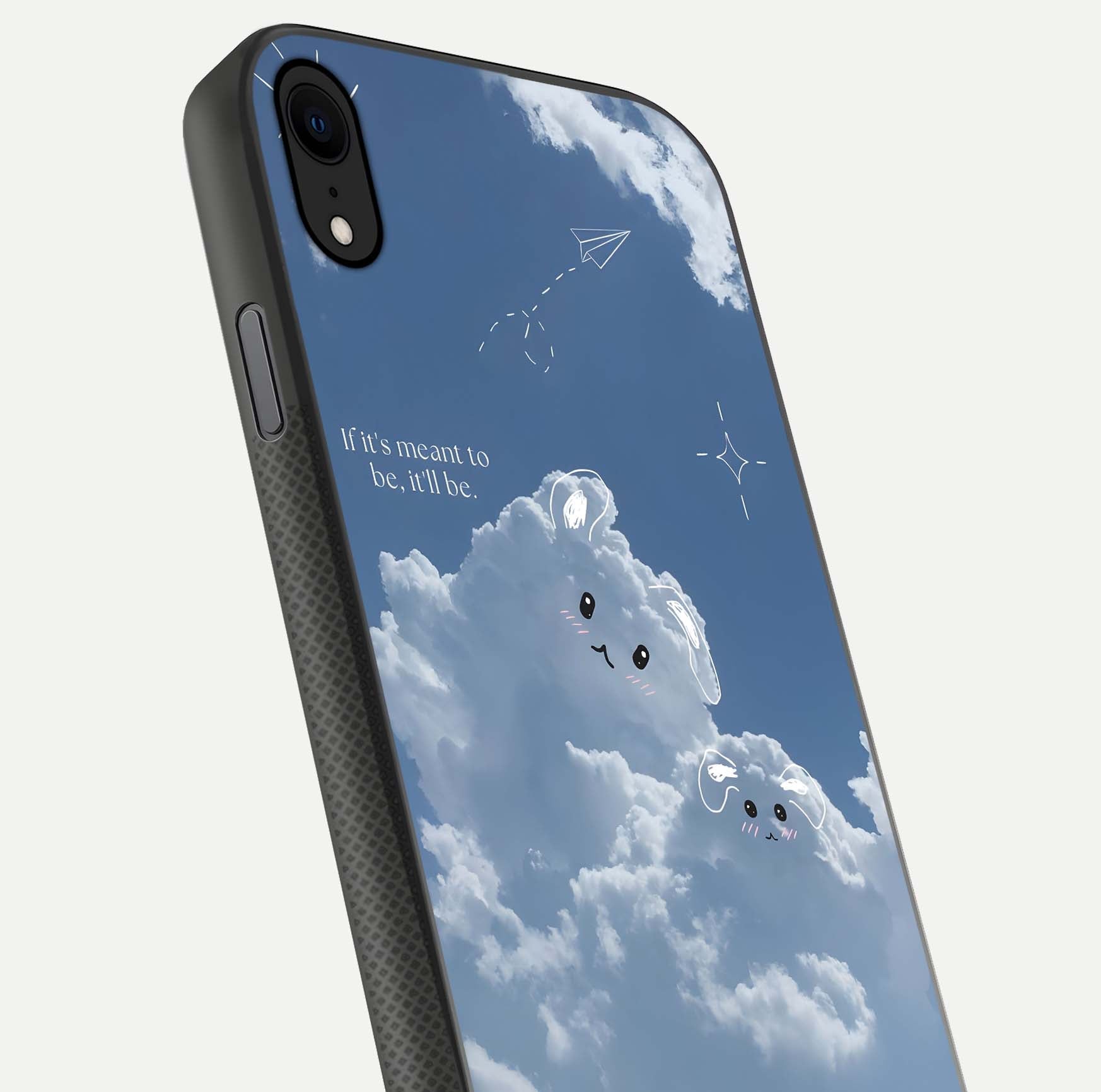 Cloud Bunny Dreams Glass Case for iPhone X close-up showing bunny art, dreamy clouds, and HD shine