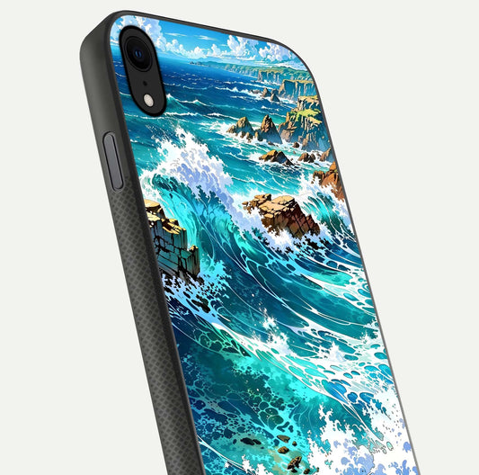 Coastal Blue Waves Glass Case for iPhone X close-up highlighting wave texture and blue shine