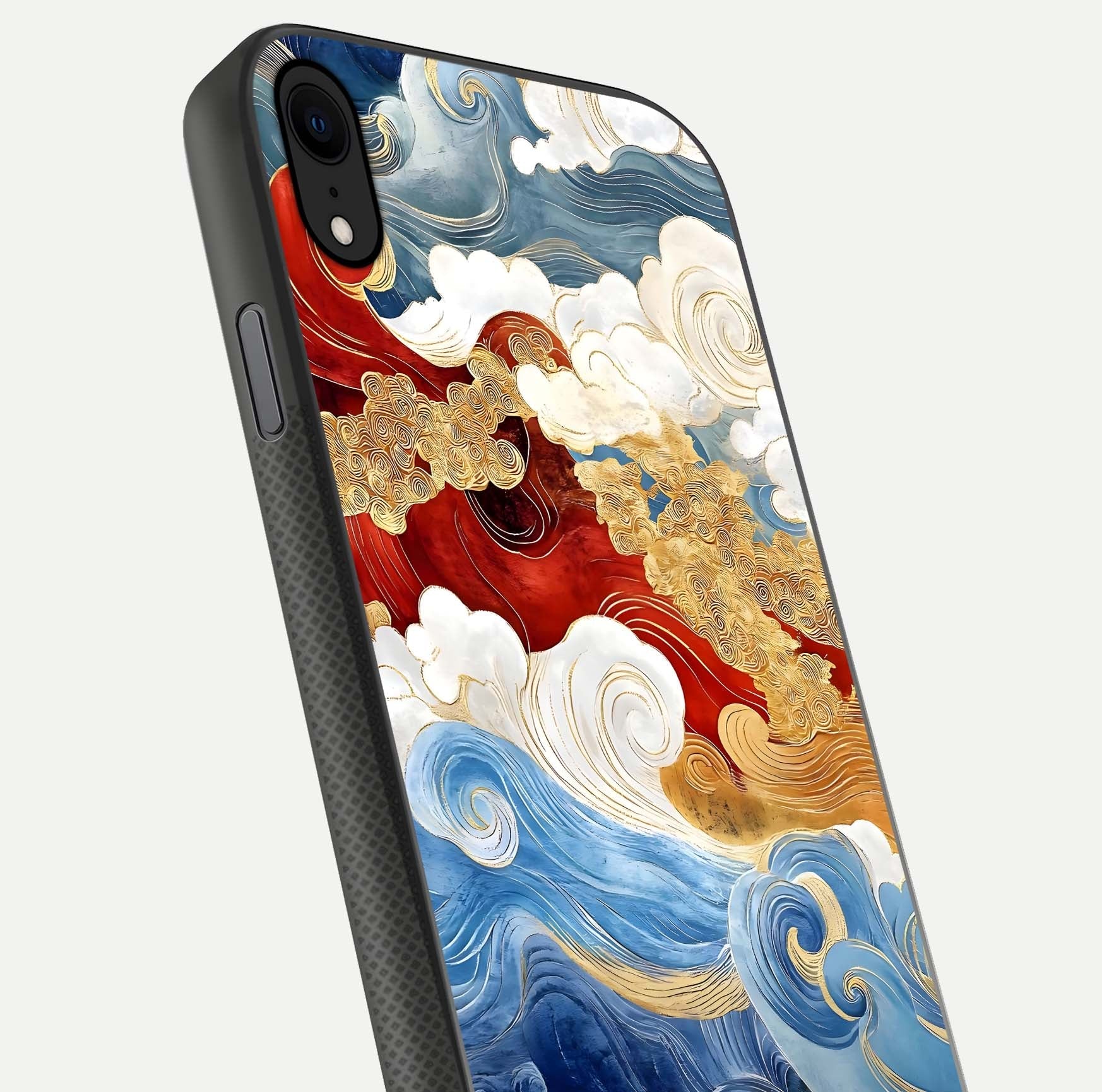 Colored Waves Glass Case for iPhone X close-up angled shot highlighting gradient flow and light reflection