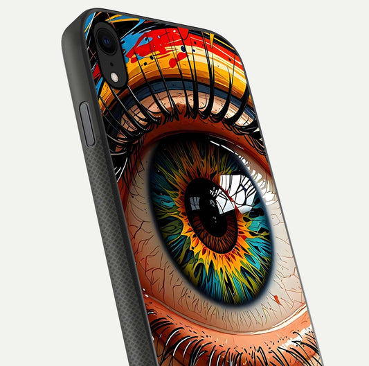 Colorful Eye Glass Case for iPhone X close-up highlighting eye pattern detail and reflection shine