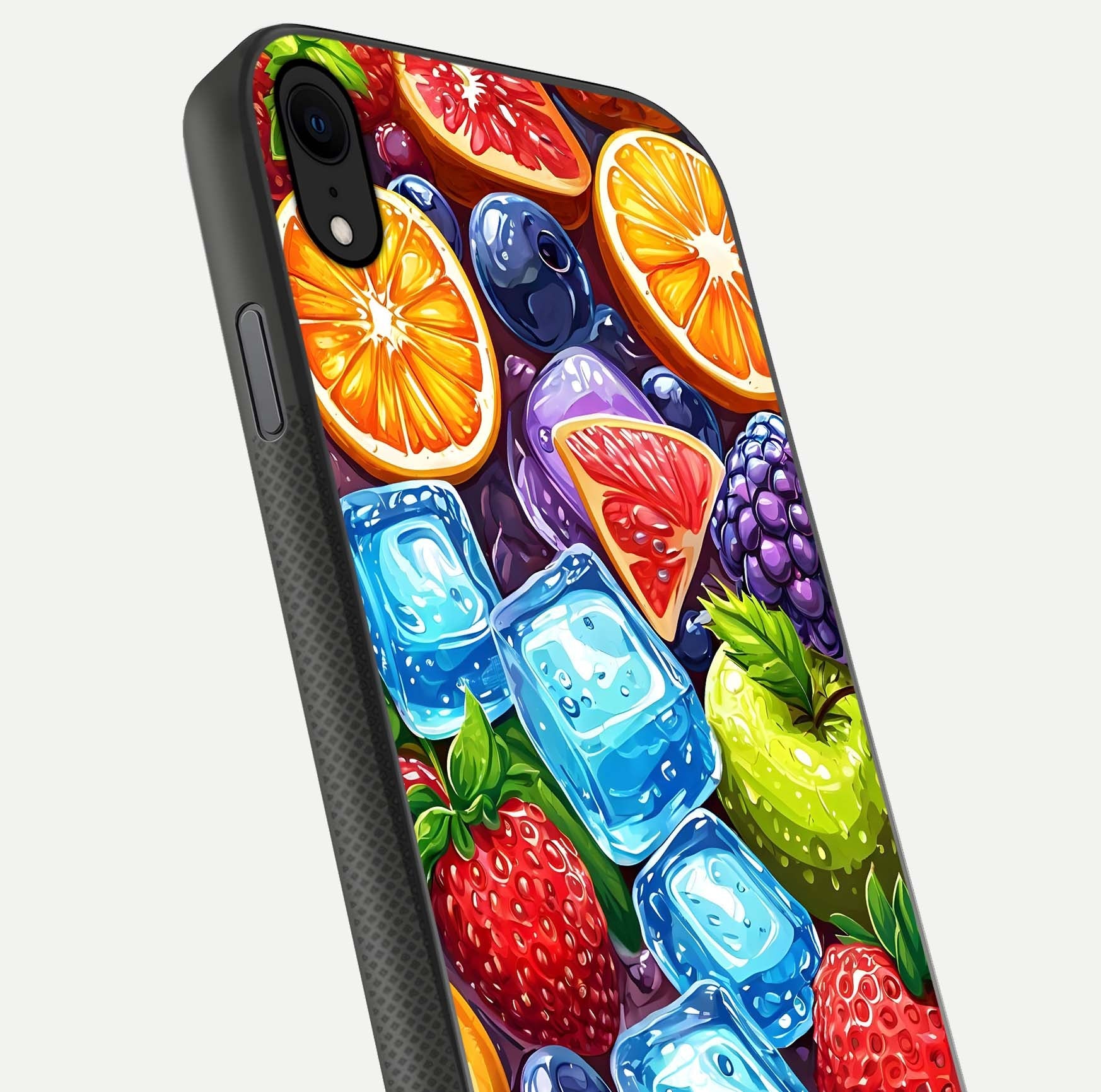 Colorful Fruits with Ice Glass Case for iPhone X close-up highlighting fruit color and reflection glow